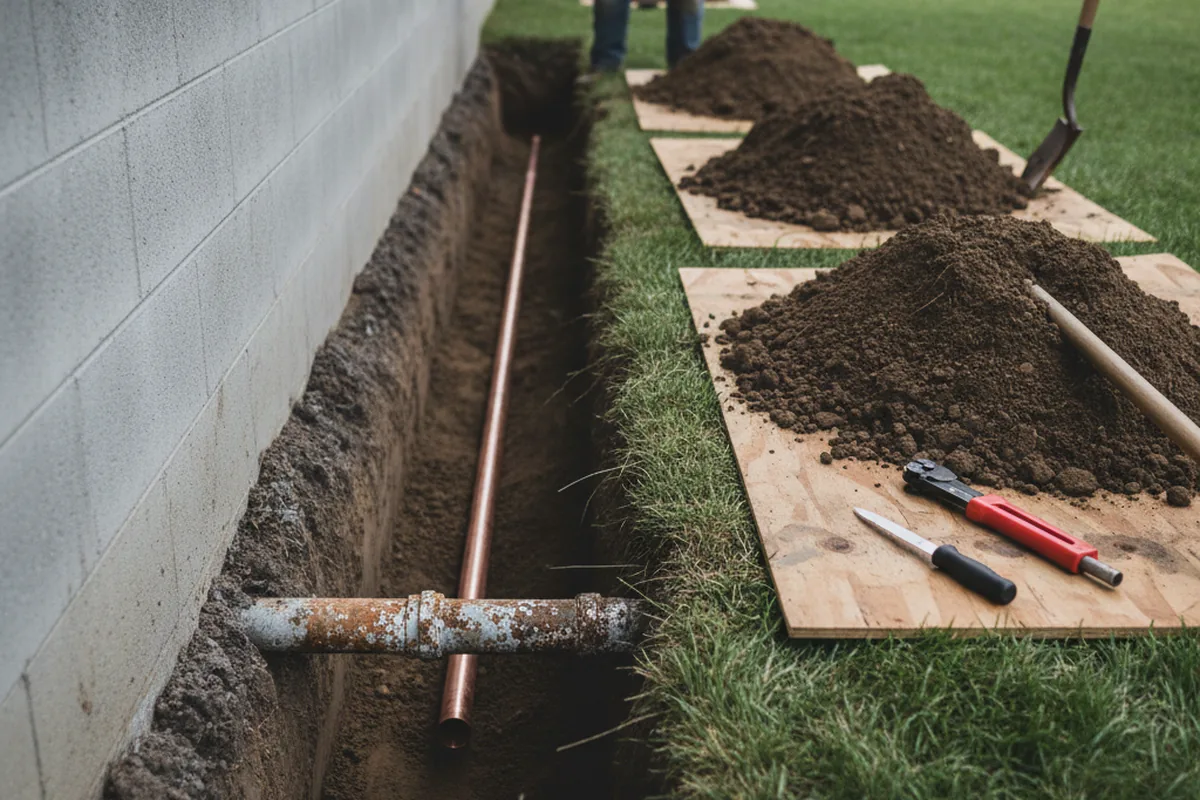 Excavated water line trench during Water Softener Installation in Porterville